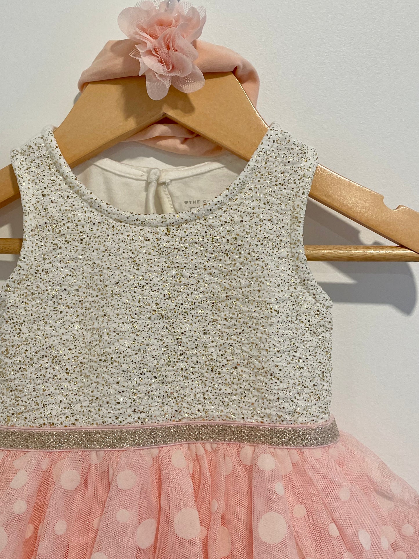 Gold + Pink Tulle Dress Bodysuit + Headband / 3-6m