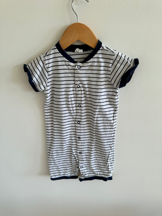 H&M White + Navy Striped Button Up Romper / 12-18m