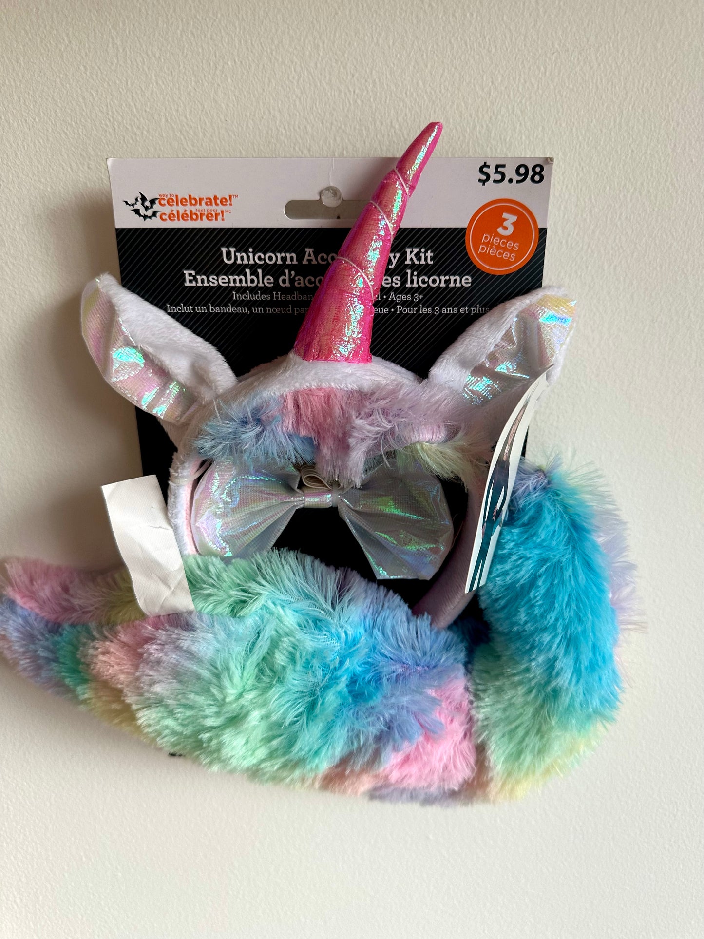 3 Piece Fuzzy Unicorn Kit - Pink Headband, Bow + Tail