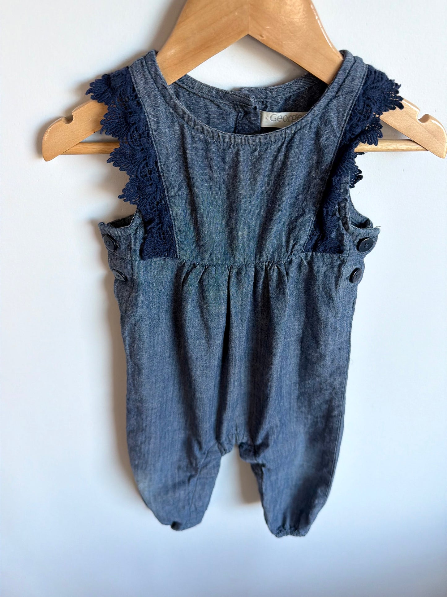 Chambray Navy Lace Jumpsuit / 12-18m