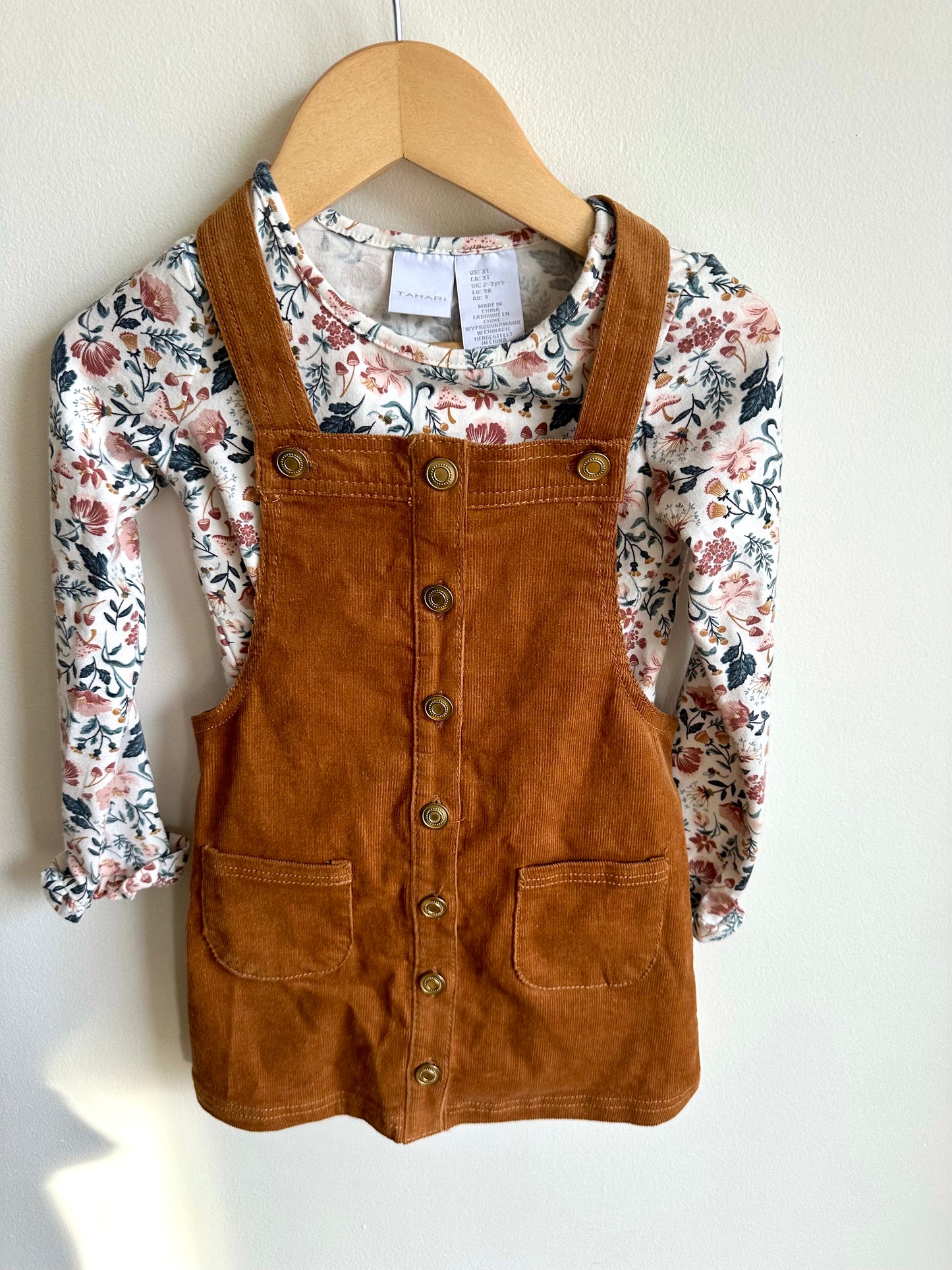 Corduroy Overall Dress + Floral Long Sleeve Set / 3T