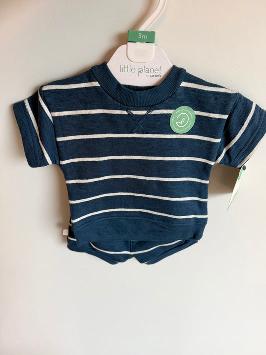 Organic Knit Blue Stripe T-shirt + Shorts Set (With Tags) / 3m