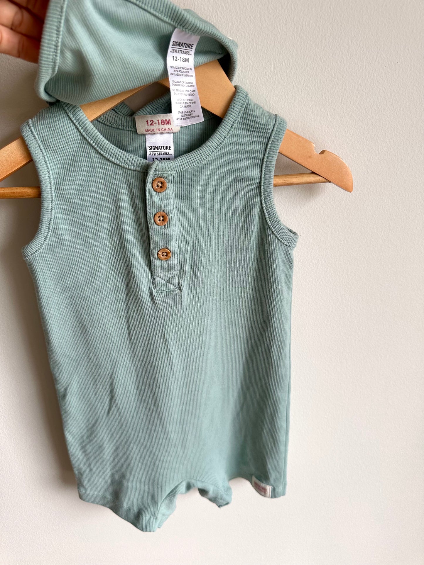 Levi Blue Ribbed Romper + Bib Set / 12-18m