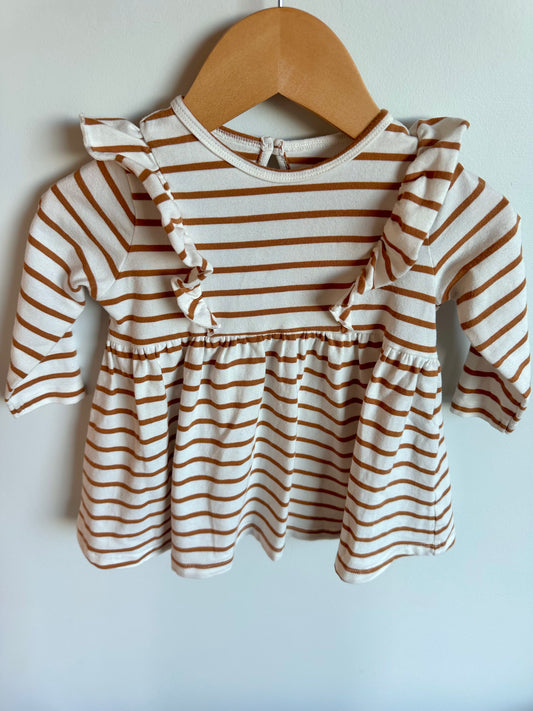 Organic Tan Striped Ruffle Dress/ 6-9m