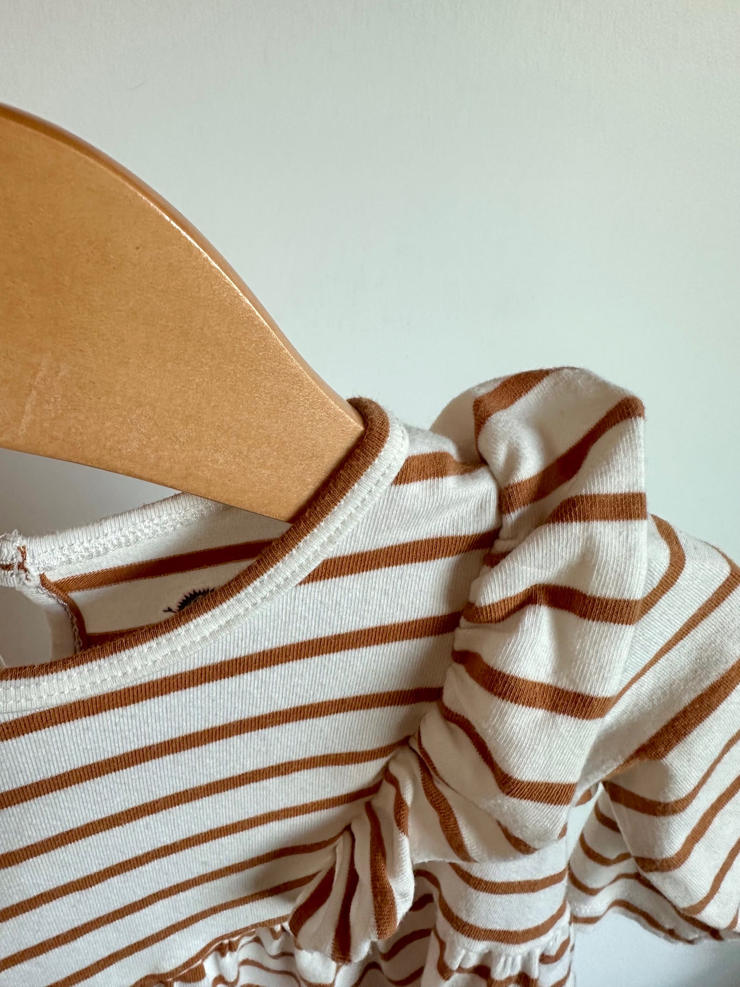 Organic Tan Striped Ruffle Dress/ 6-9m