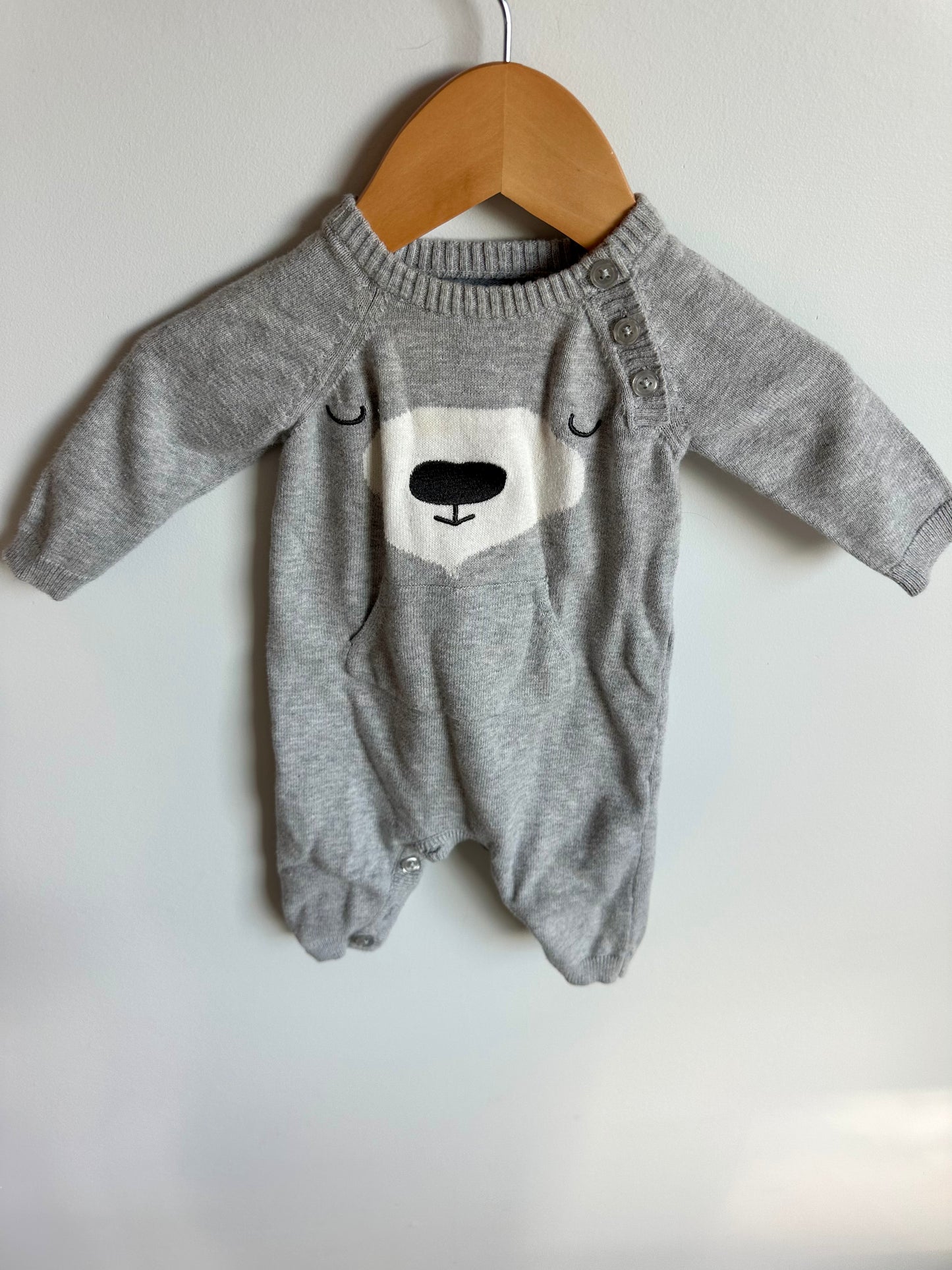 Grey Knit Bear Jumpsuit / 0-3m