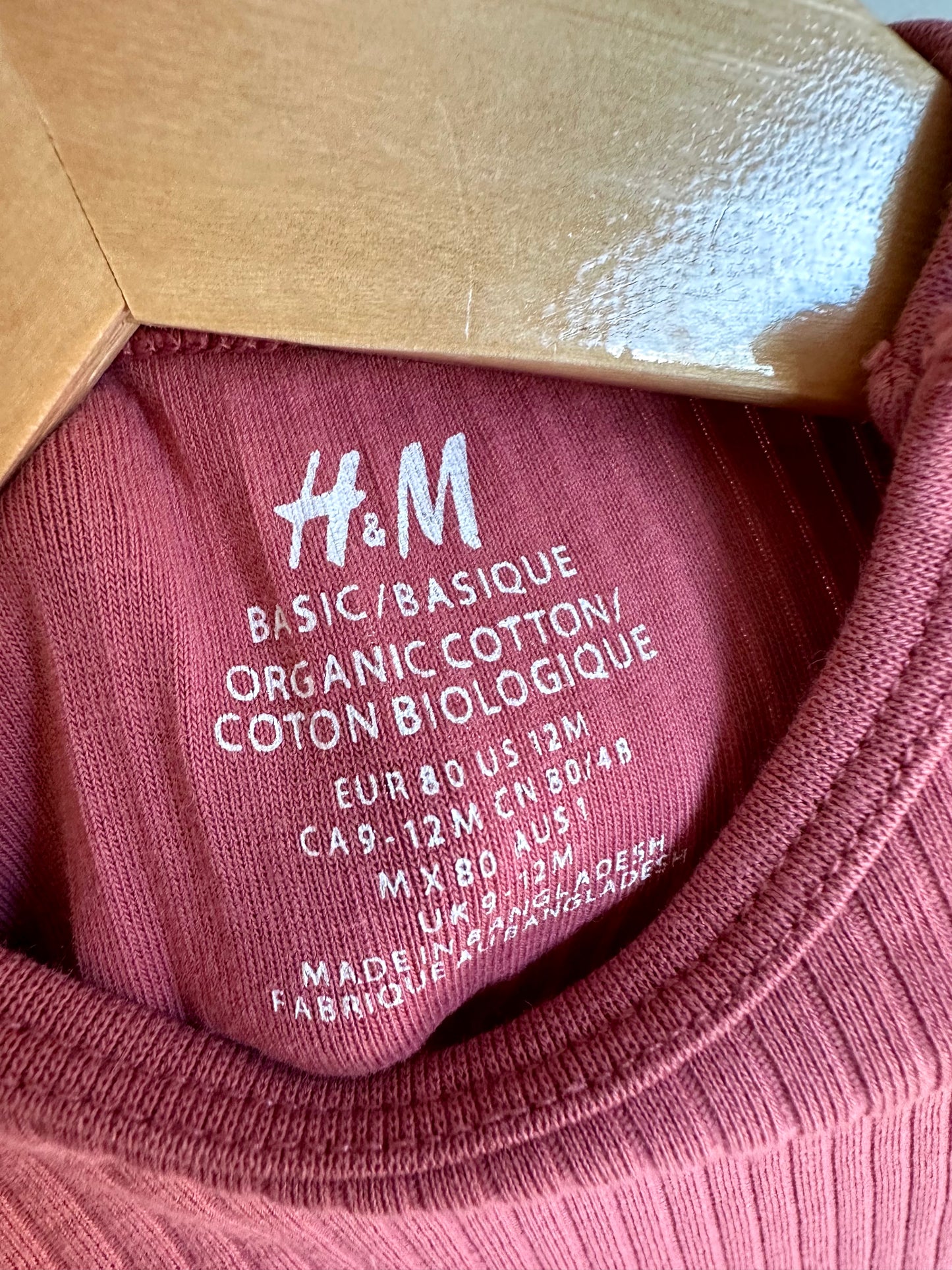 H&M Organic Blush Ribbed Bodysuit / 9-12m