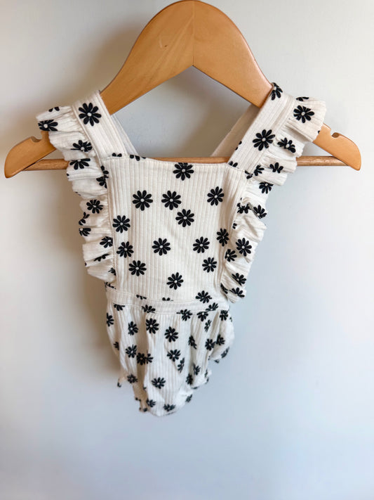 White with Black Flowers Bubble Overall Romper / 12m