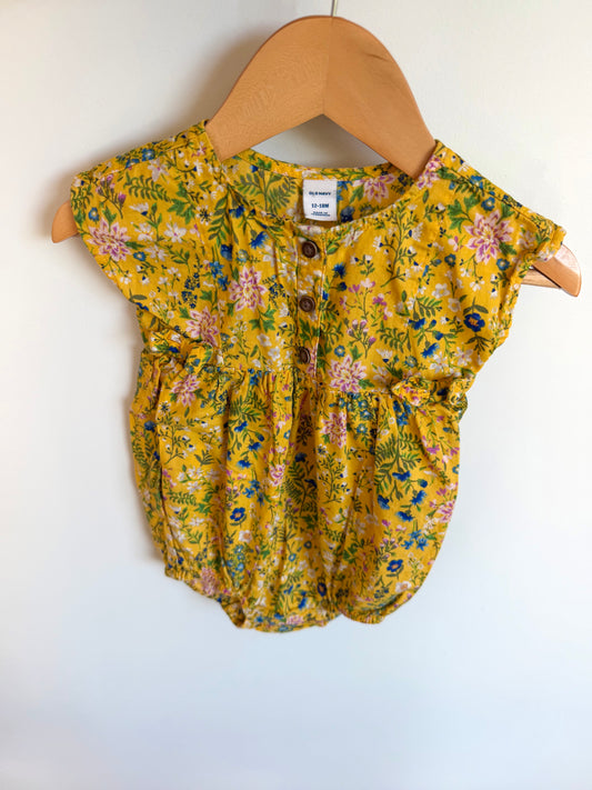Yellow Floral Bow Bubble Romper / 12-18m