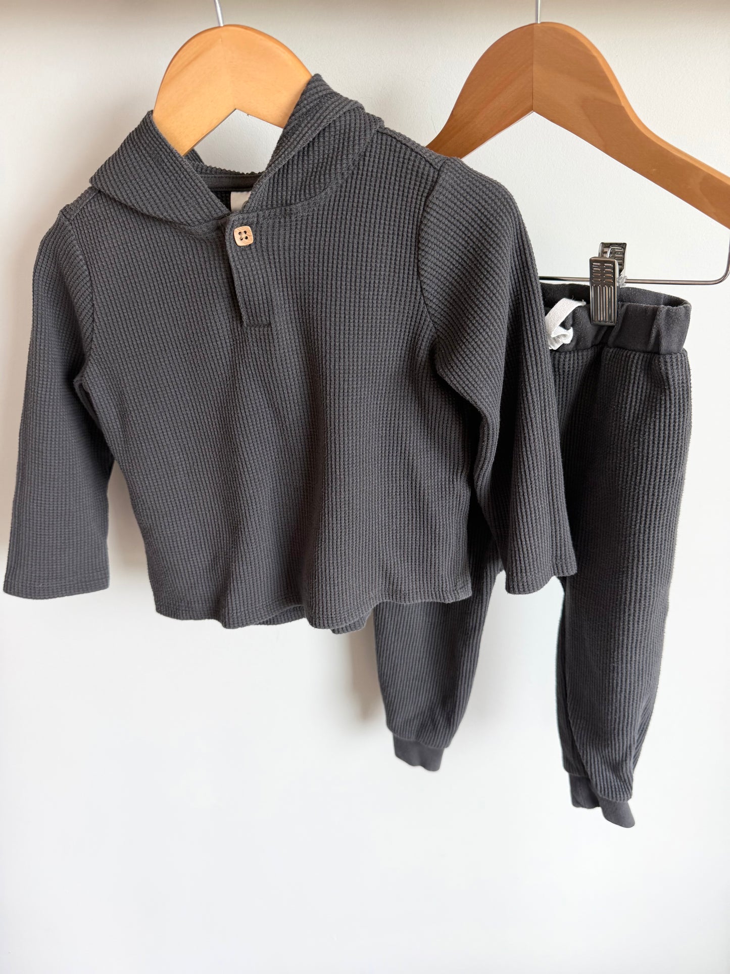 Grey Waffle Knit Hoodie + Pants Set / 24m