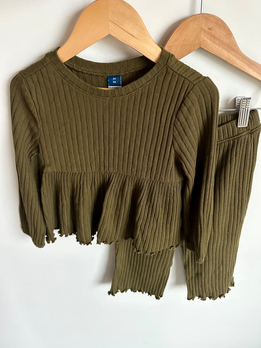 Moss Ribbed Long Sleeve Top + Pants Set / 3T