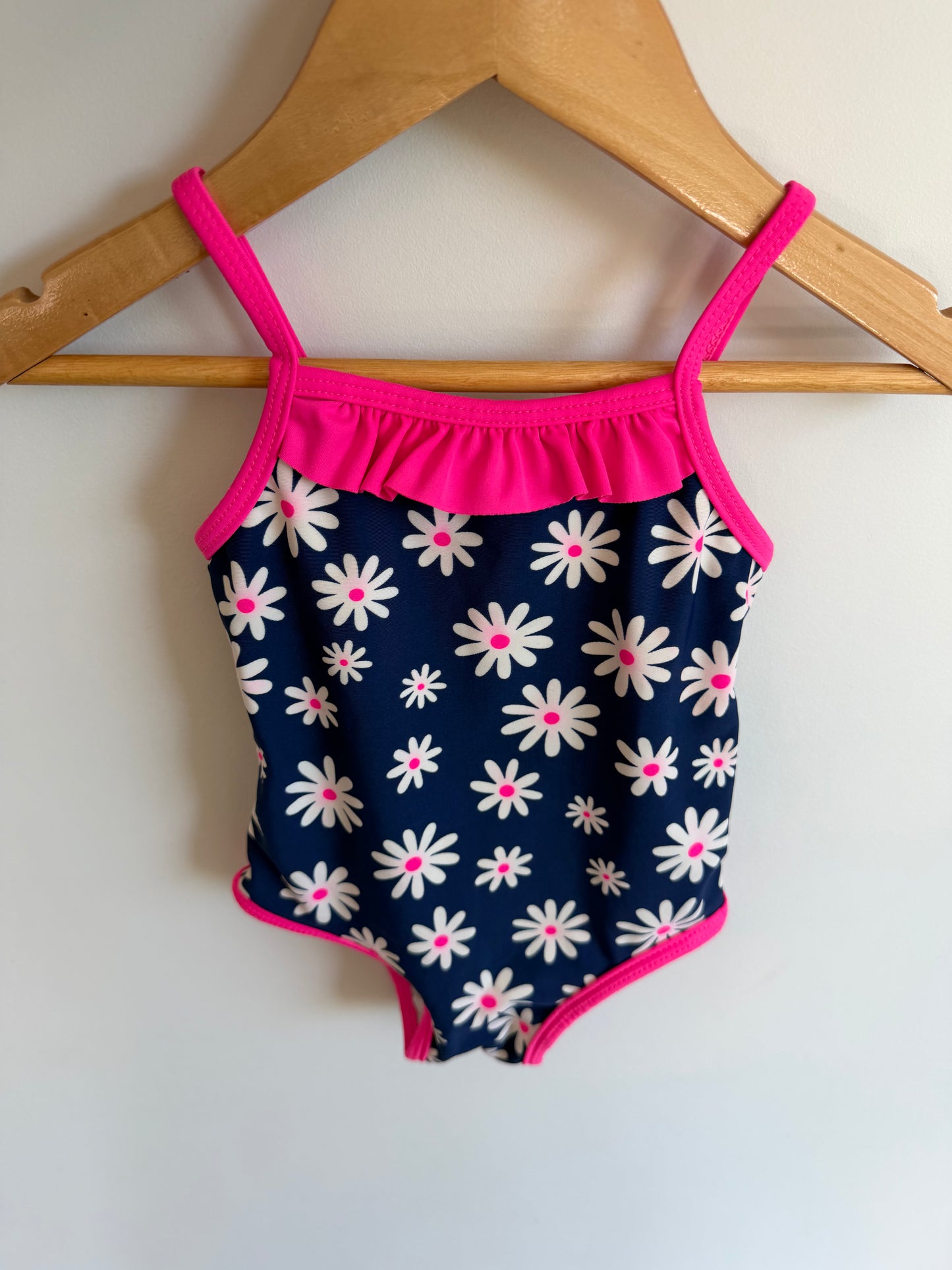 Pink Trim Floral Navy Swimsuit / 6-12m