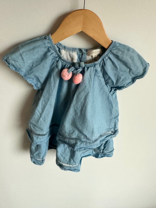 Chambray Top with Pink Pom Poms / 3T