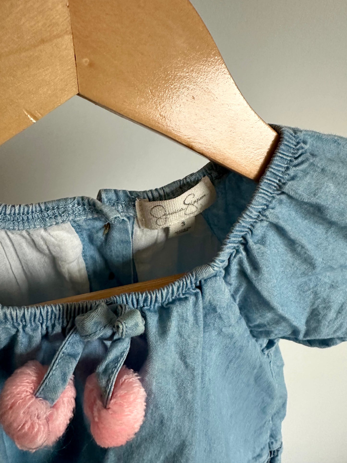 Chambray Top with Pink Pom Poms / 3T