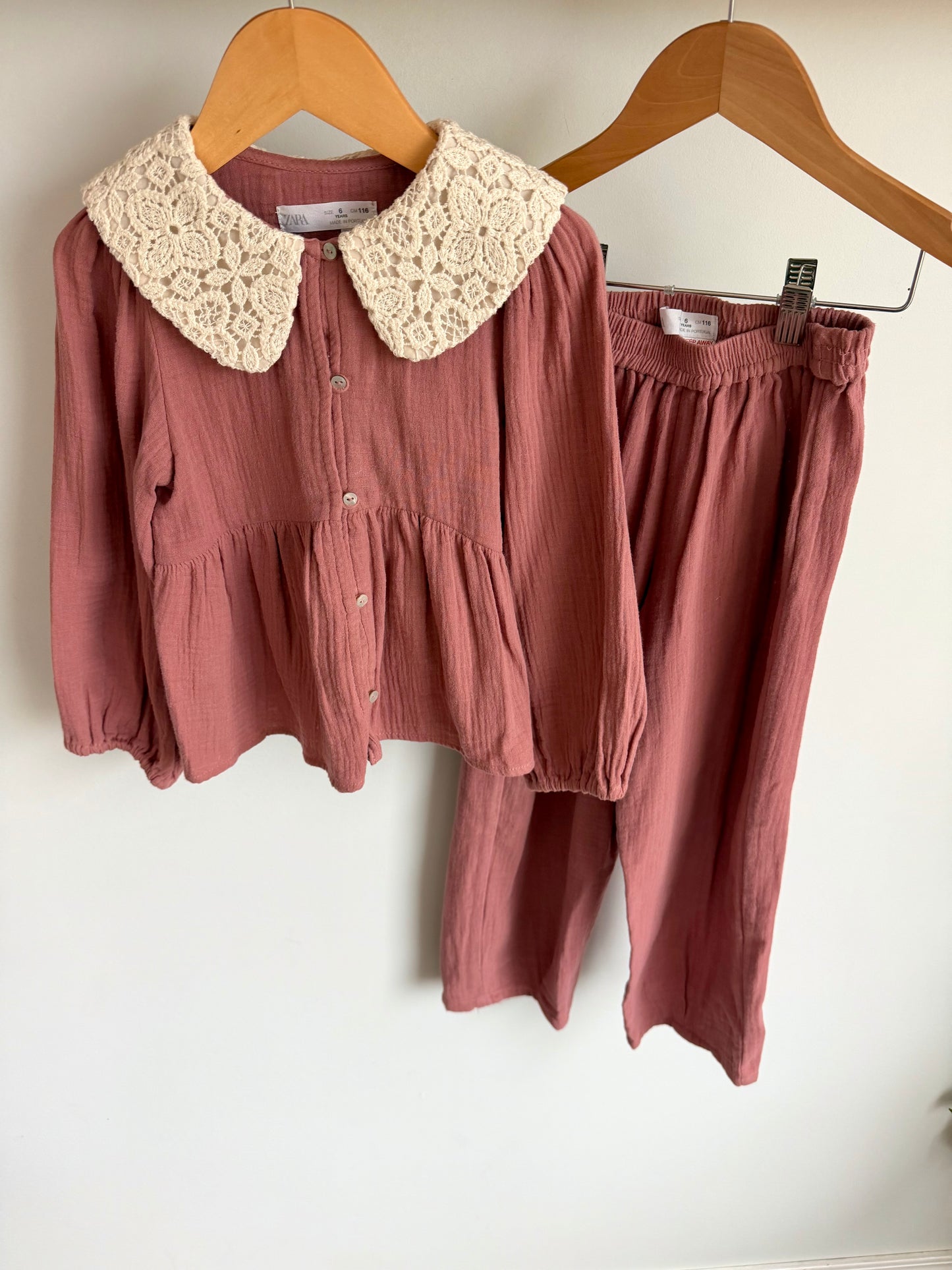 Zara Blush Lace Collared Long Sleeve + Wide Leg Pants Set / 6 years