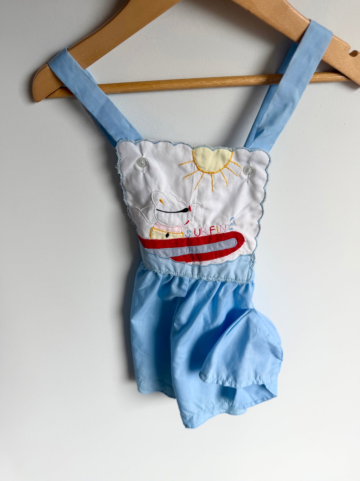 Vintage Blue "Surfin" Overalls + Hat Set / 18-24m
