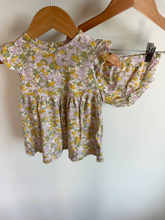 Purple + Green Floral Dress + Bloomers Set / 12m