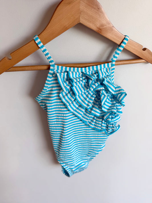 Striped Aqua Ruffle Swim Suit / 12-18m