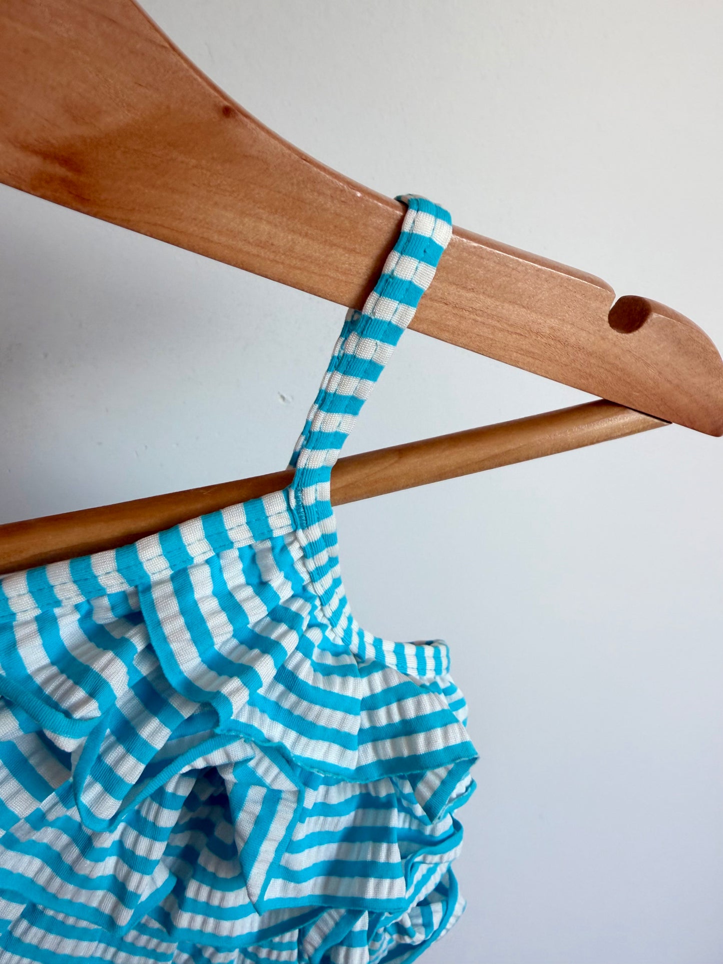 Striped Aqua Ruffle Swim Suit / 12-18m