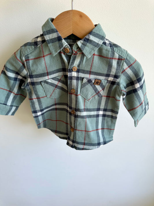 Dusty Green Plaid Button Up Top / 0-3m