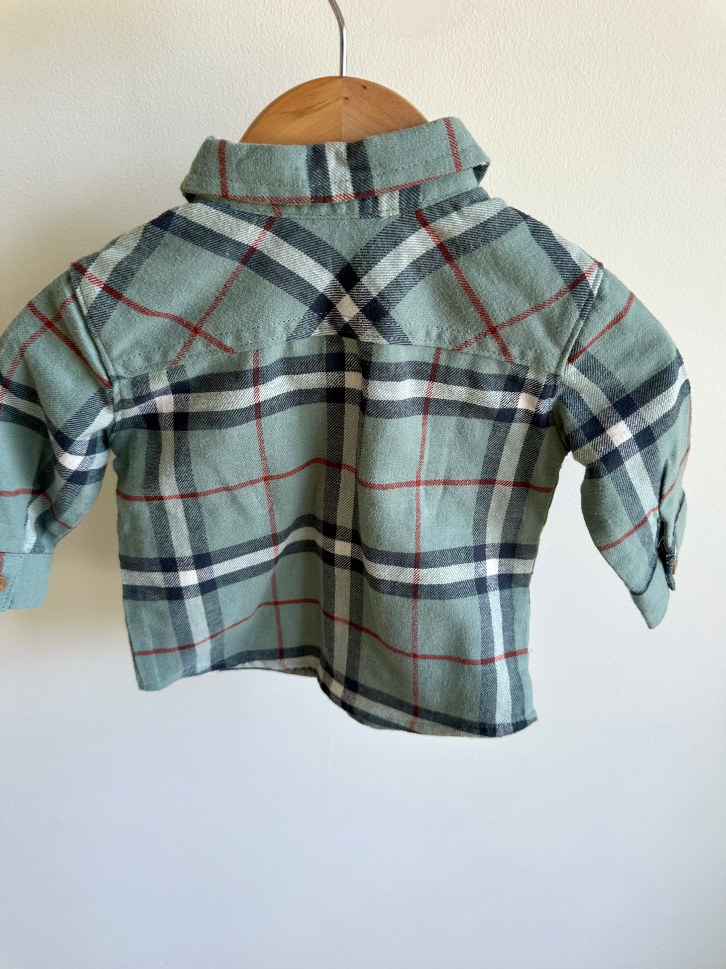 Dusty Green Plaid Button Up Top / 0-3m