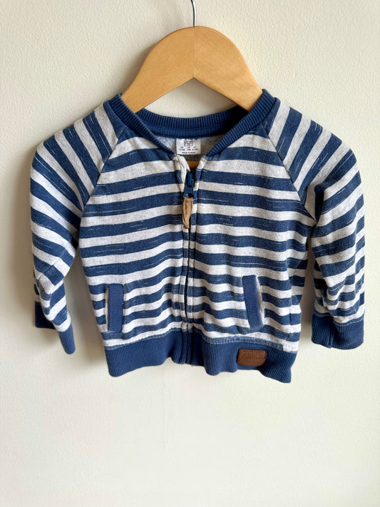 Blue + Grey Striped Zip Up Sweater / 9-12m