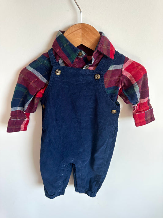Plaid Top + Blue Overalls Set / 3-6m