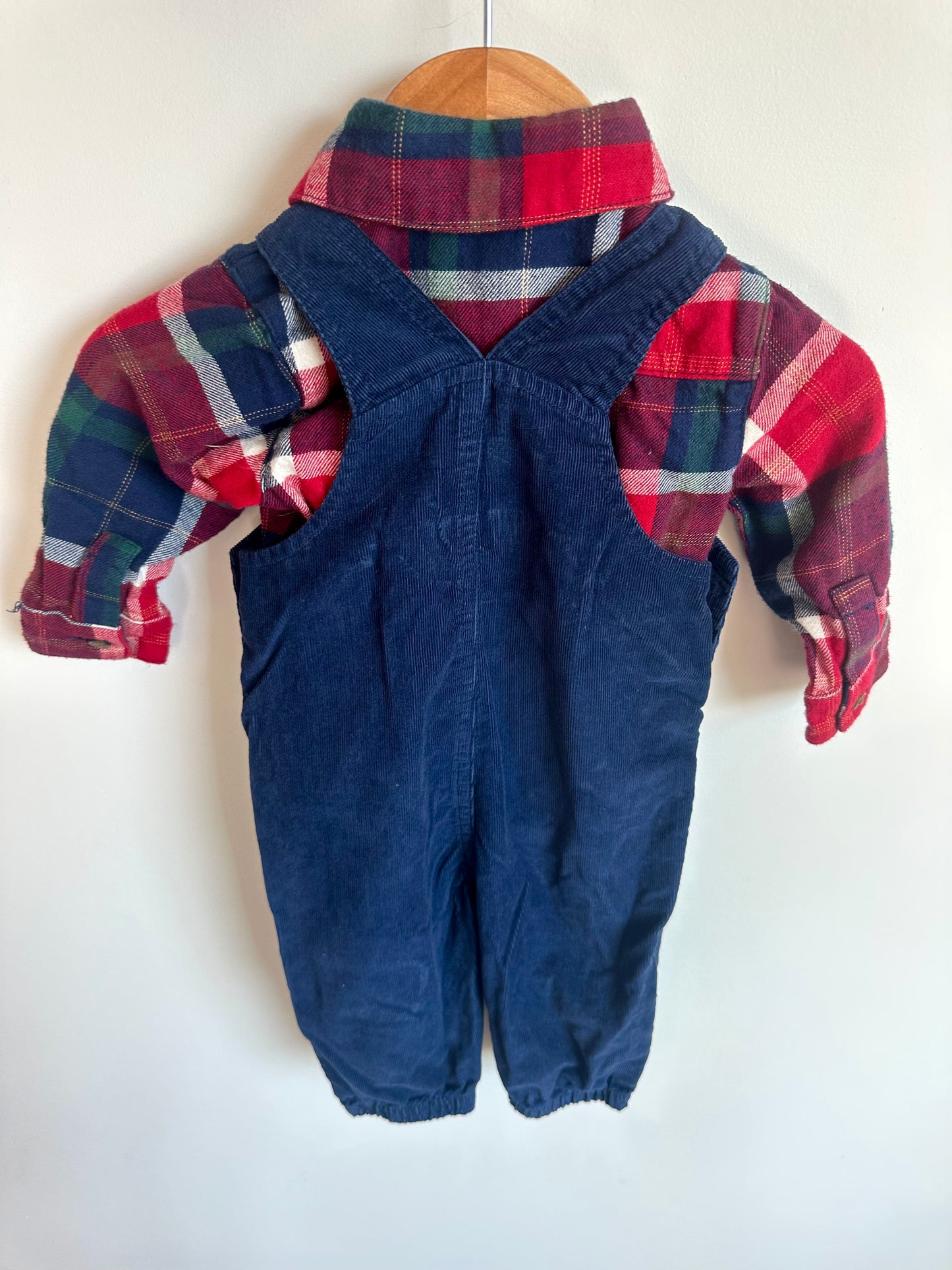 Plaid Top + Blue Overalls Set / 3-6m