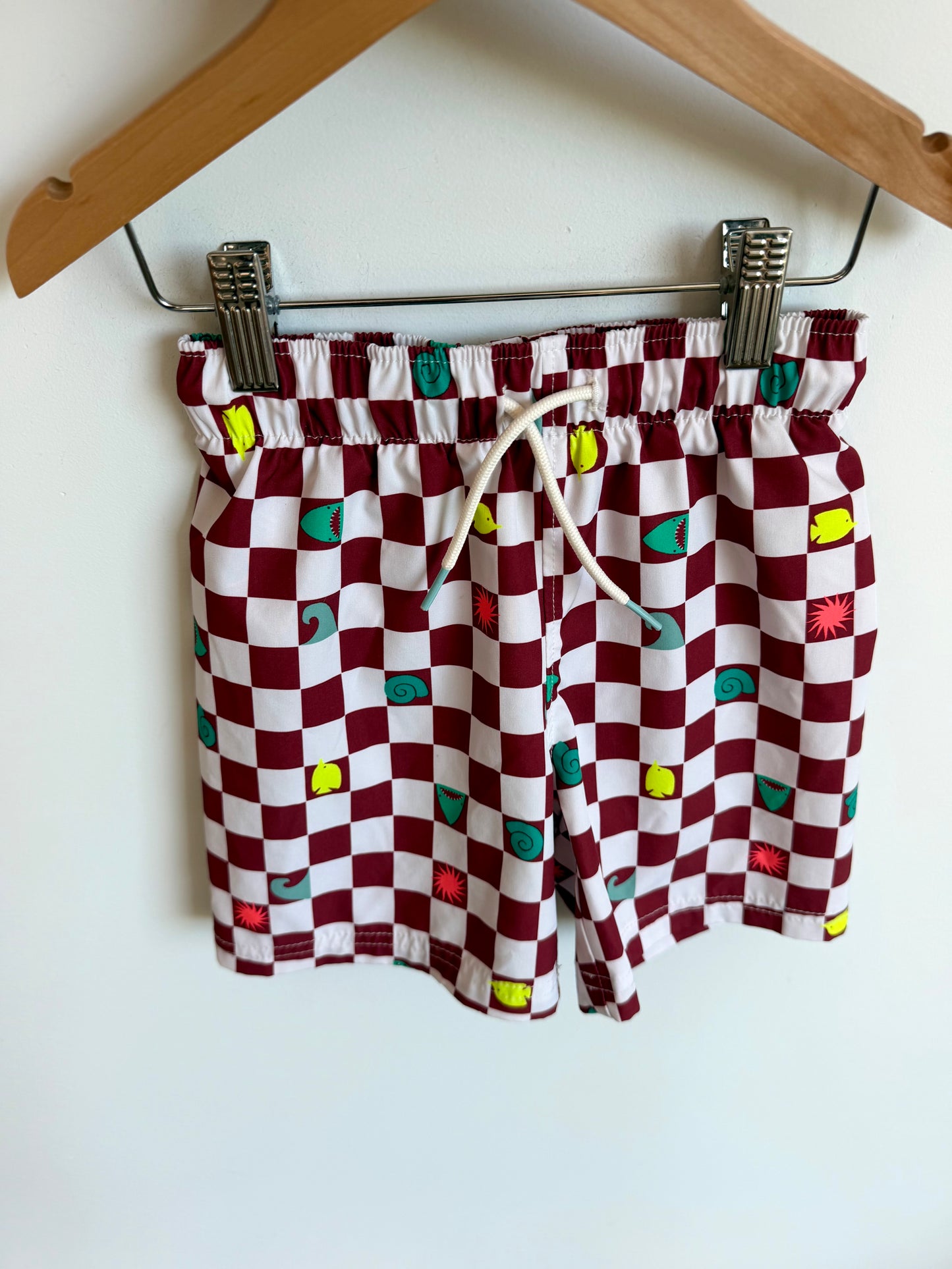 Maroon Checkered Swim Shorts / 4T