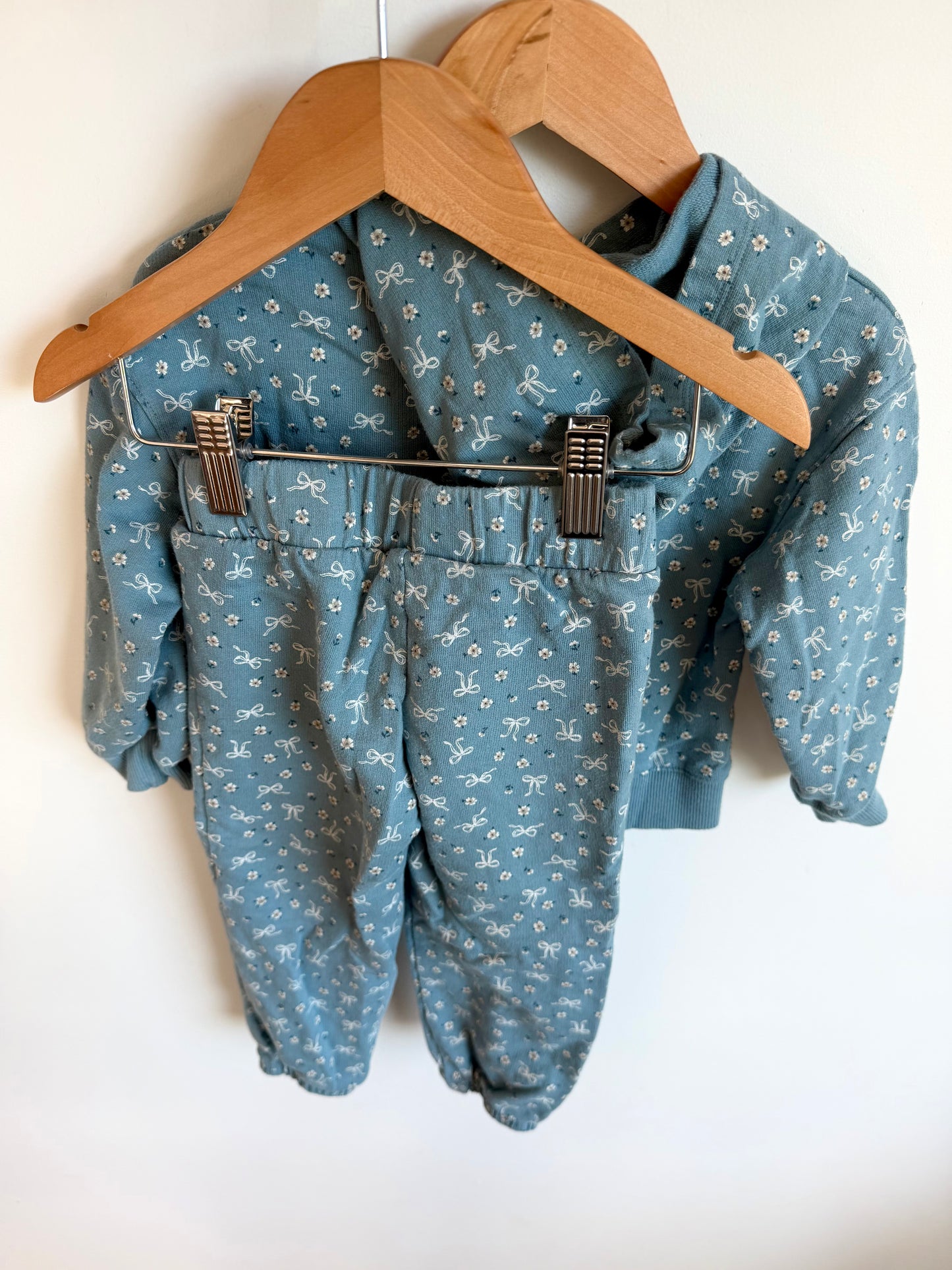 Blue Bow + Floral Hoodie + Pants Set / 3T