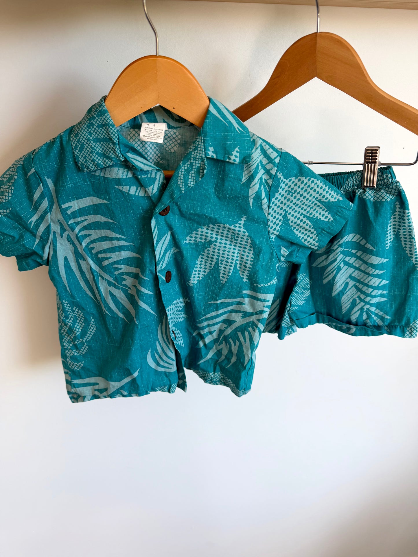 Teal Palm Button Up + Shorts Set / 4T