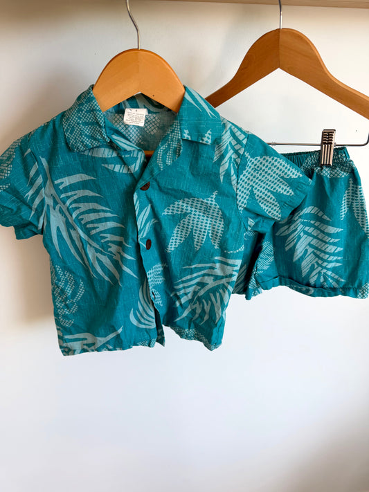 Teal Palm Button Up + Shorts Set / 4T