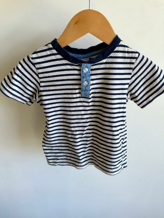Navy Striped Top Button T-Shirt / 2T