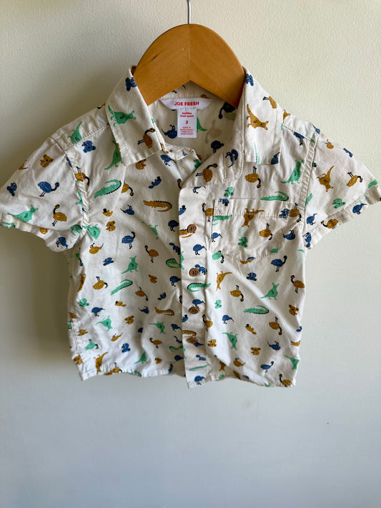 White Button Up T-Shirt with Dino Pattern / 2T