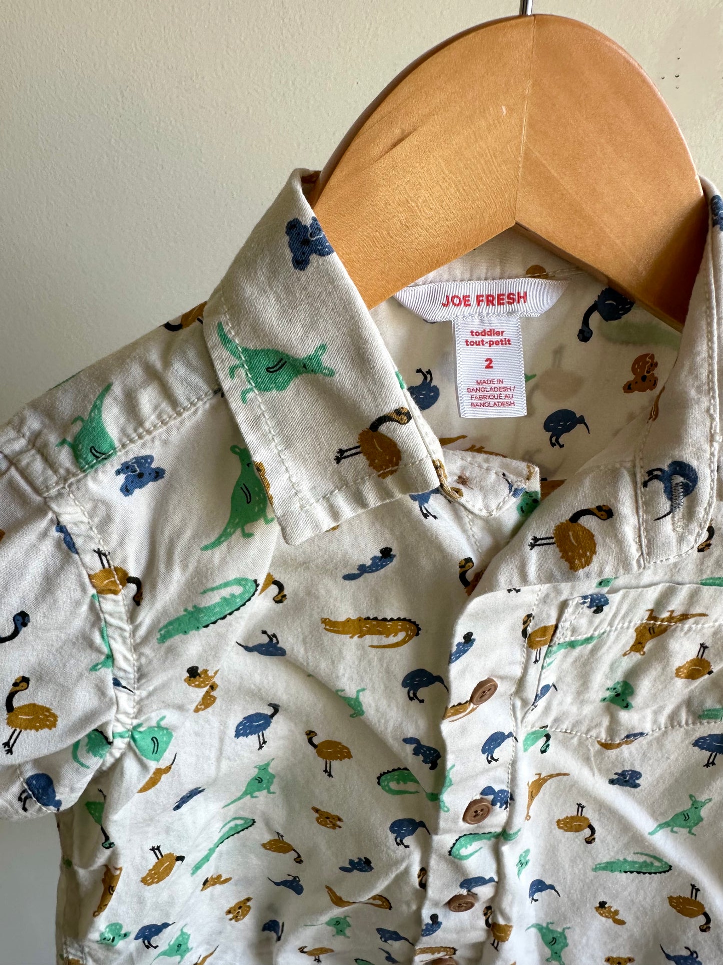 White Button Up T-Shirt with Dino Pattern / 2T