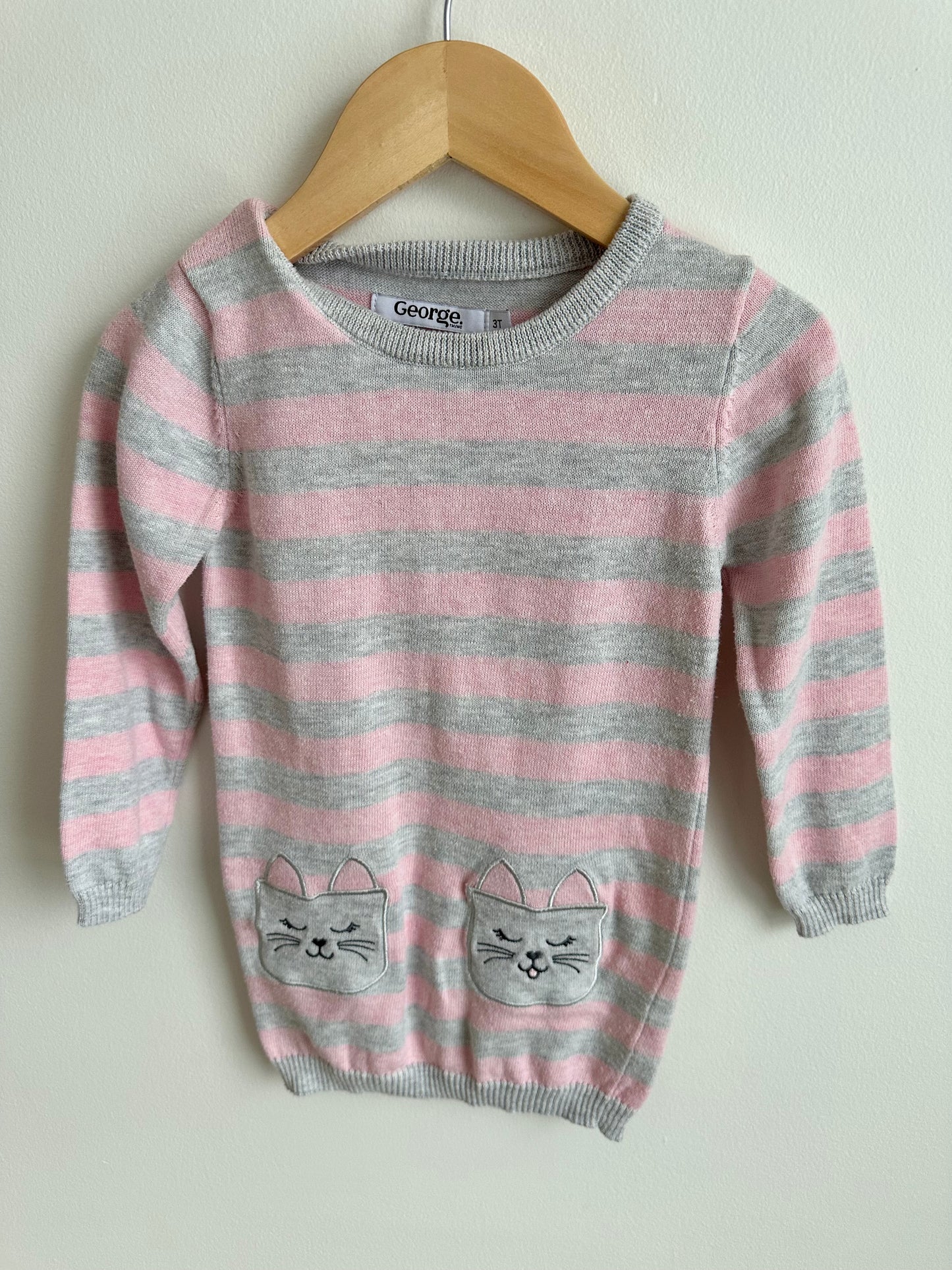 Grey + Pink Striped Knit Dress / 3T