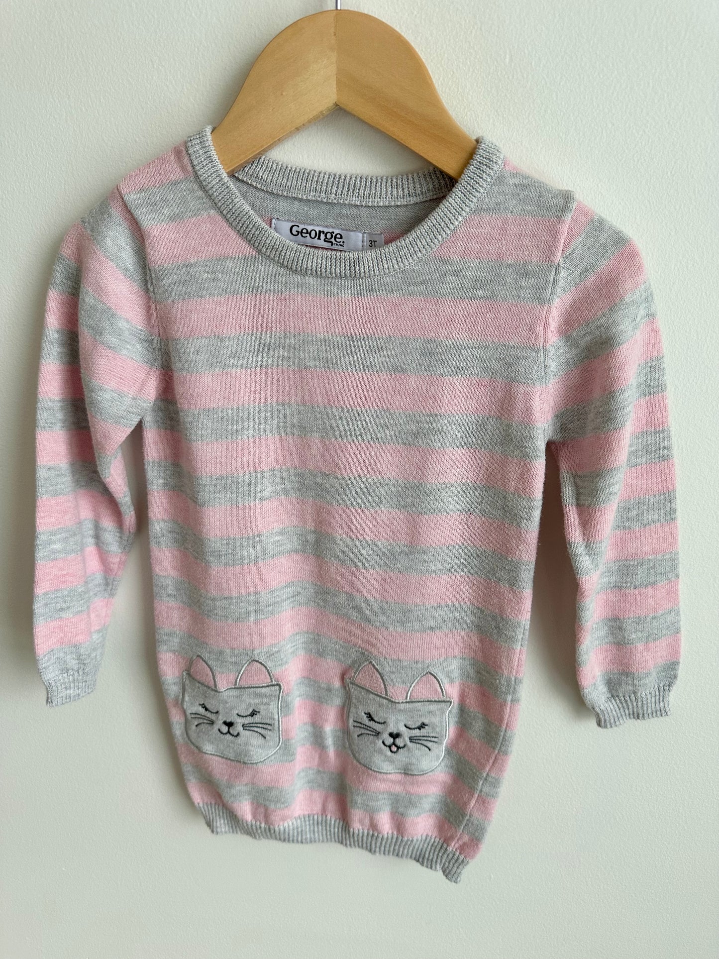 Grey + Pink Striped Knit Dress / 3T