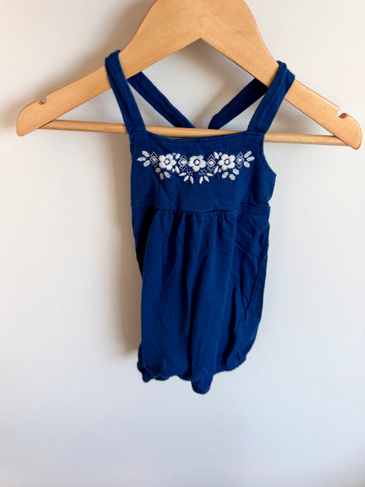 Indigo Floral Embroidery Romper / 6-9m