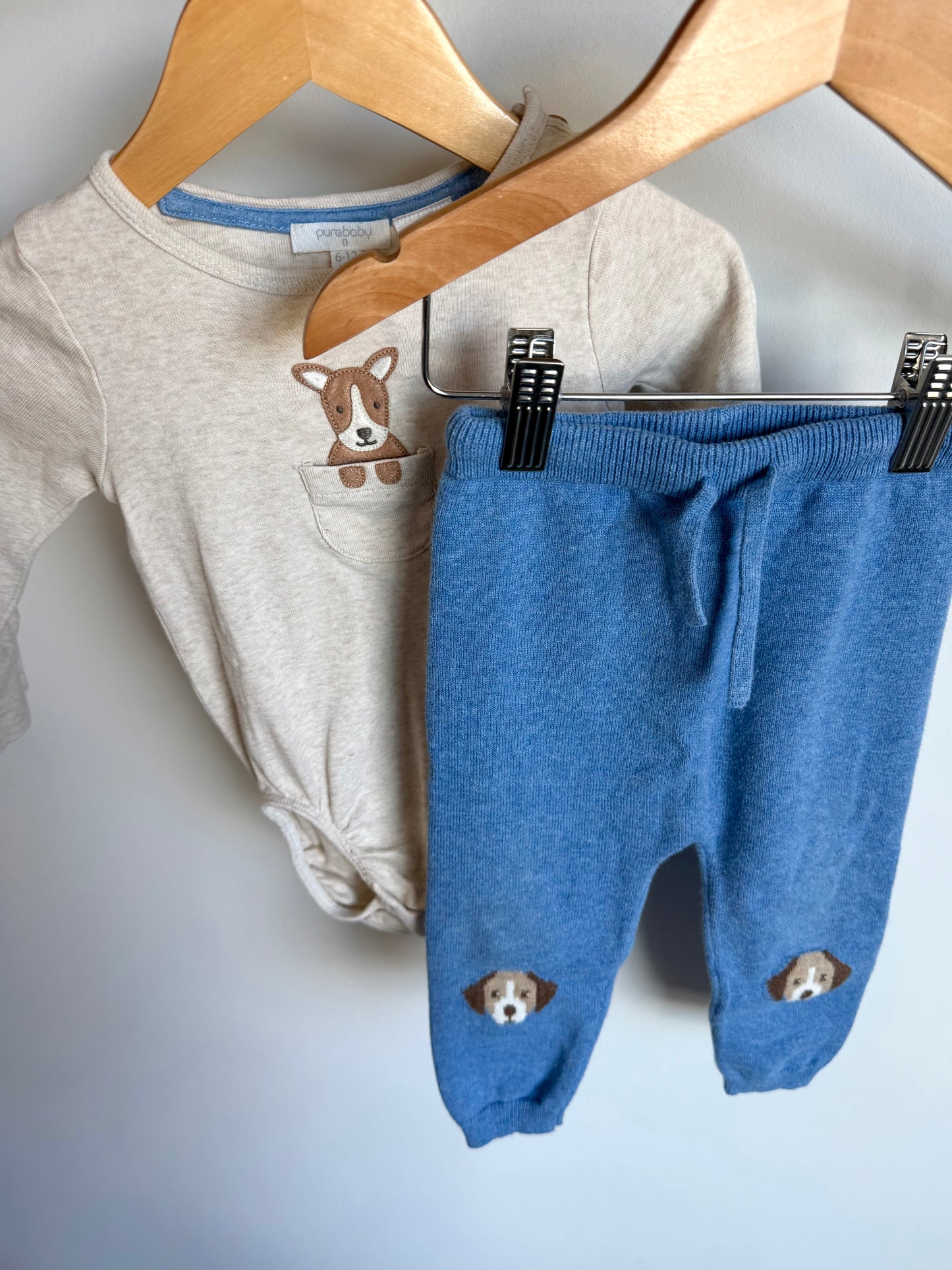 Organic Cotton + Wool Blend Puppy Bodysuit, Pants + Toque Set / 6-12m