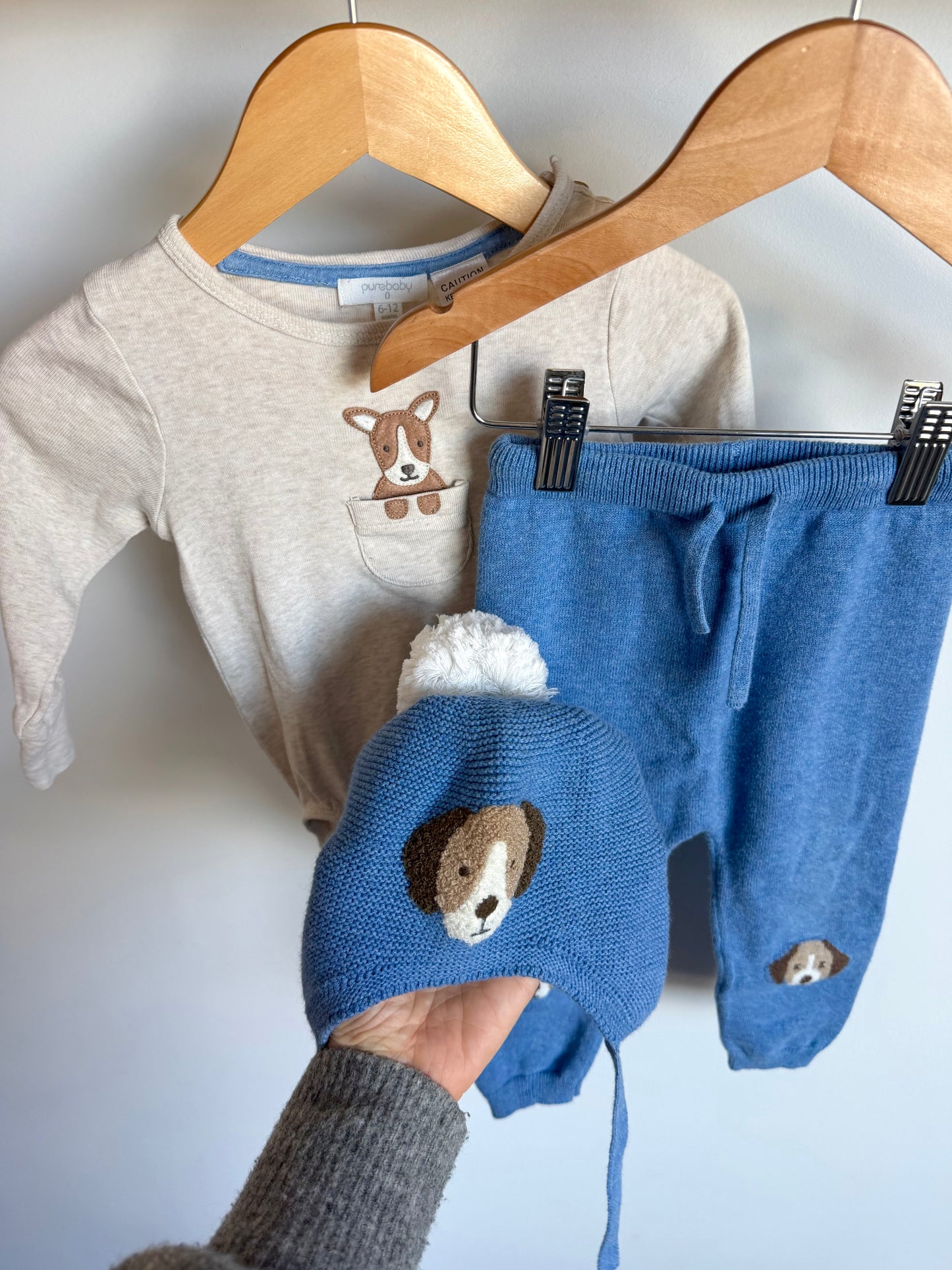Organic Cotton + Wool Blend Puppy Bodysuit, Pants + Toque Set / 6-12m