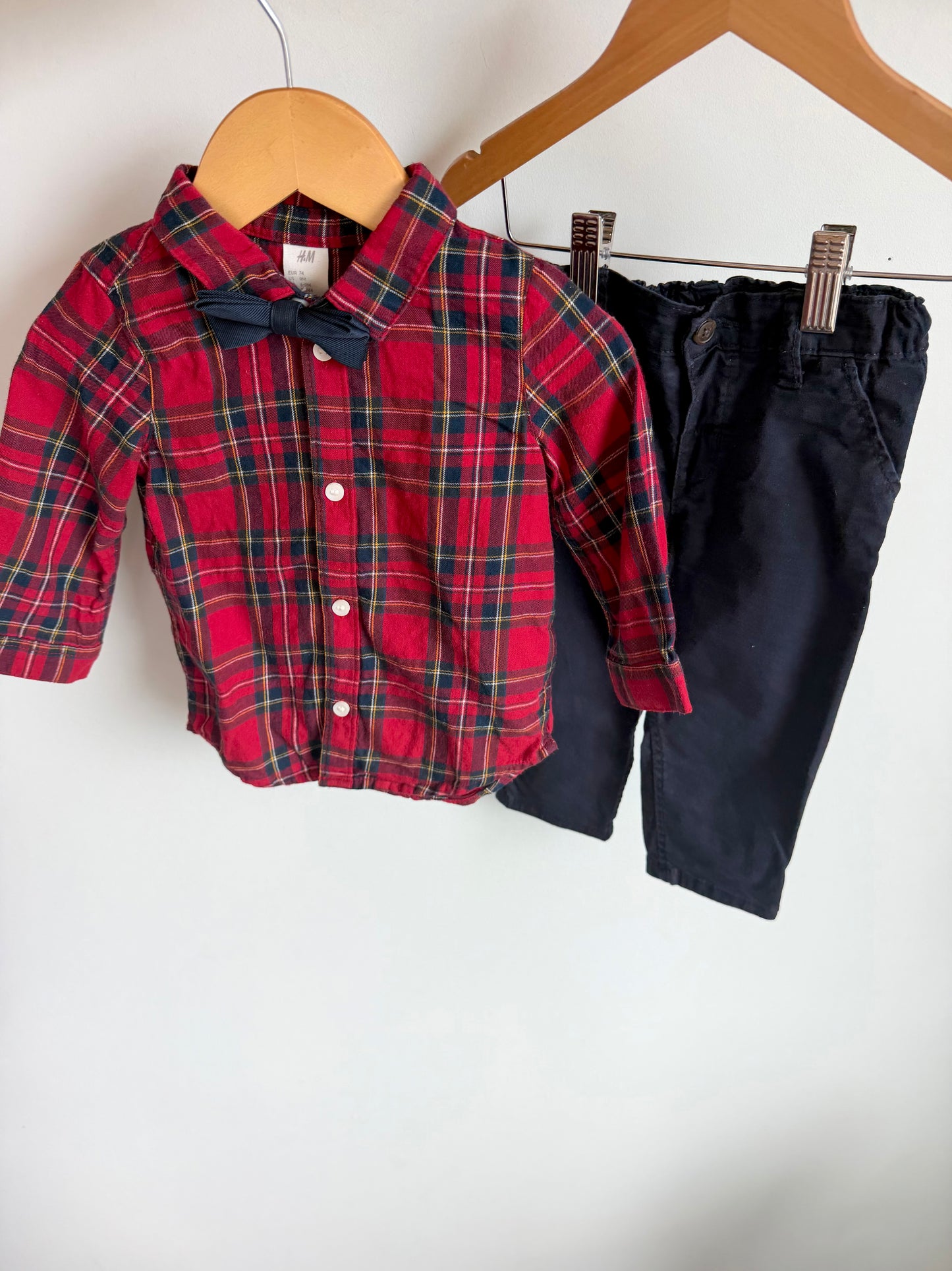 Bow Plaid Top + Navy Slacks Set / 6-9m