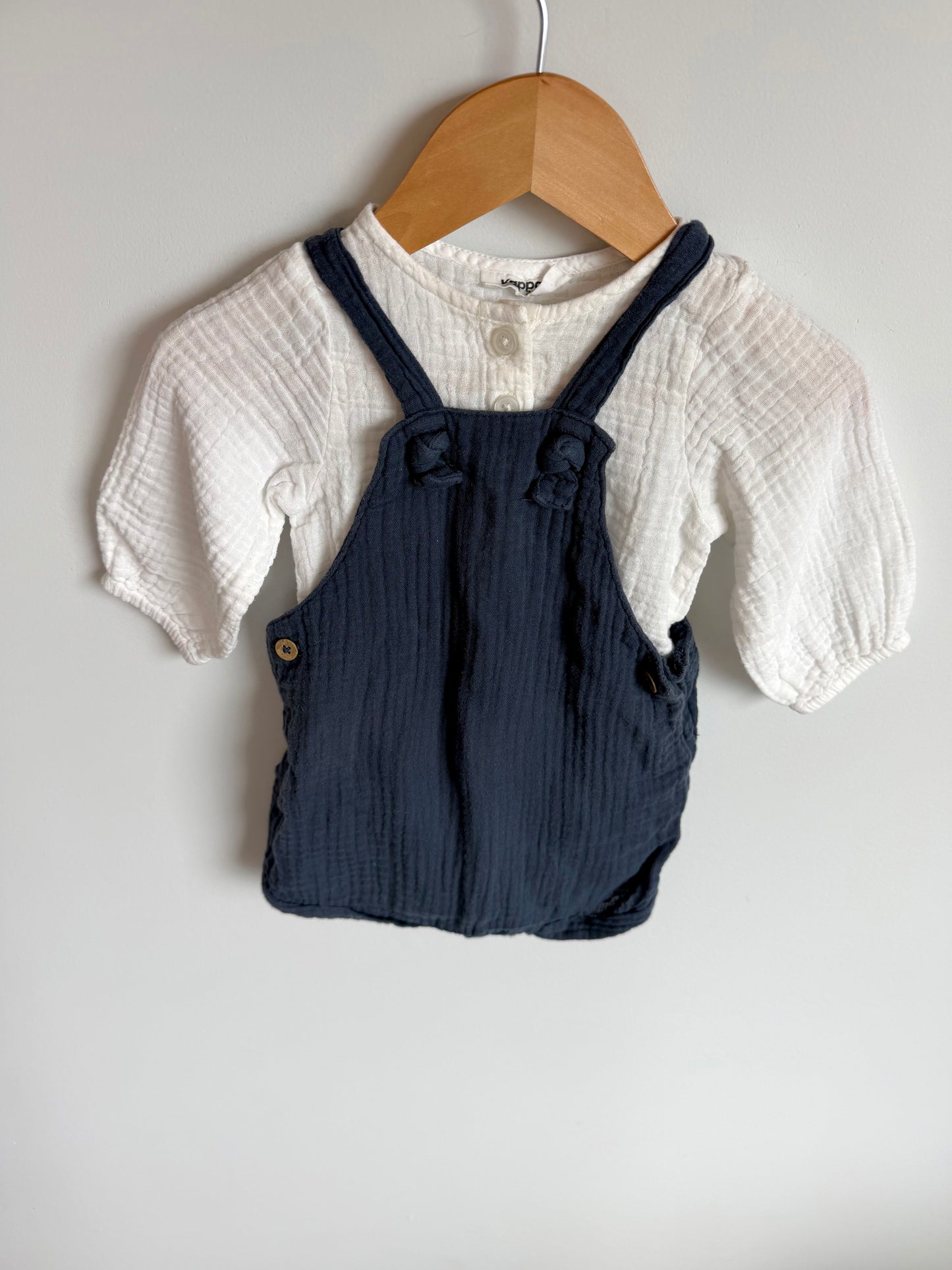 White Bodysuit + Navy Short Overall Set / 2-4m