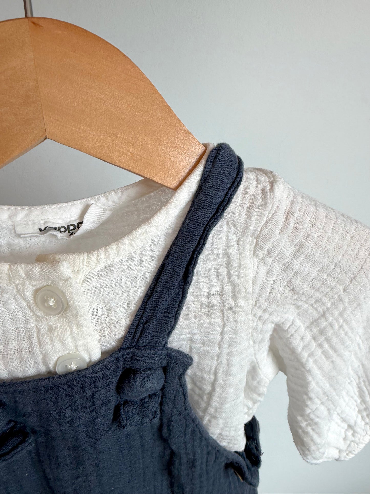White Bodysuit + Navy Short Overall Set / 2-4m