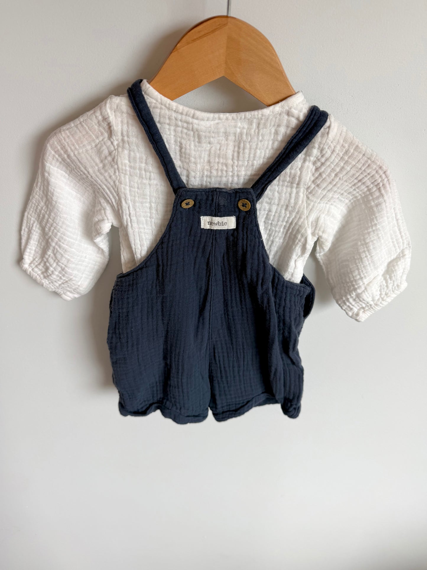 White Bodysuit + Navy Short Overall Set / 2-4m
