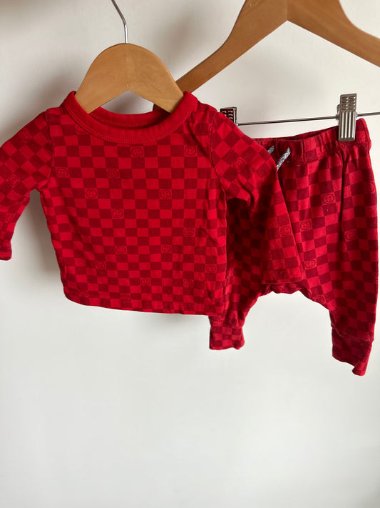 Red Checkered Smiley Top + Pants Set / 3-6m