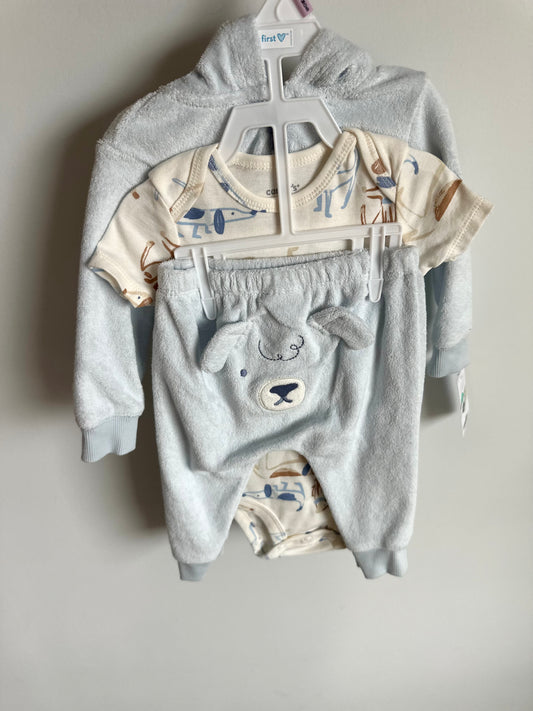 Fuzzy Blue Bear Hoodie, Pants and Bodysuit Set (With Tags) Set / 9m