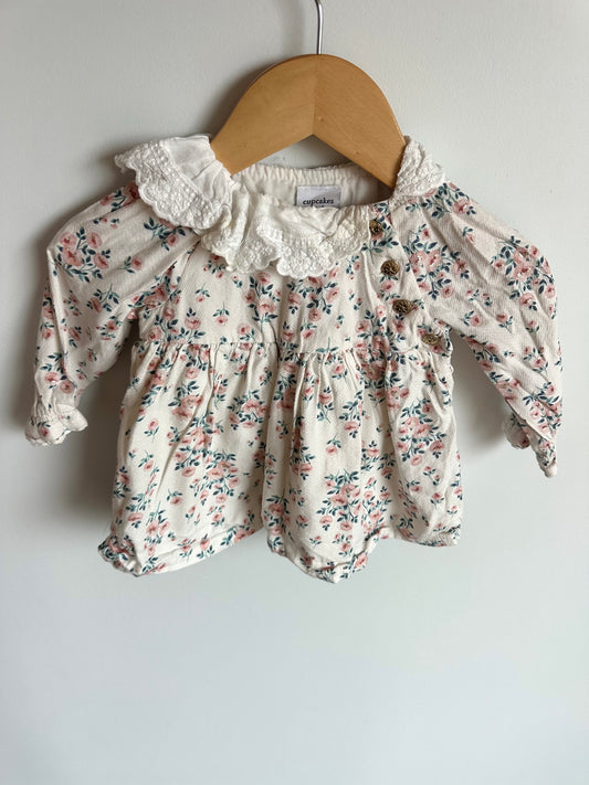 Cream Floral Top with Lace Collar / 3-6m
