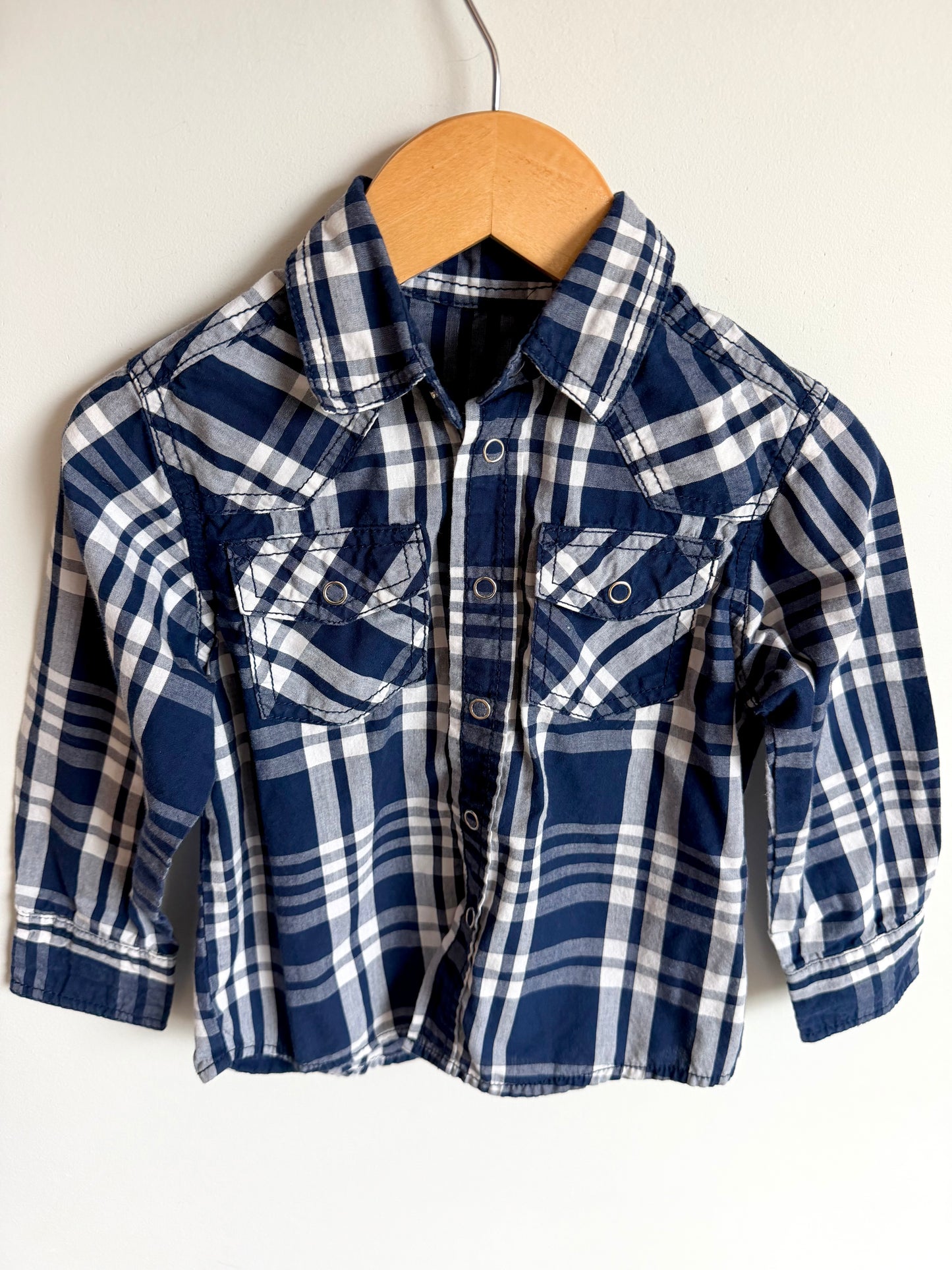 Navy Plaid Snap Collared Up Top / 2-3T