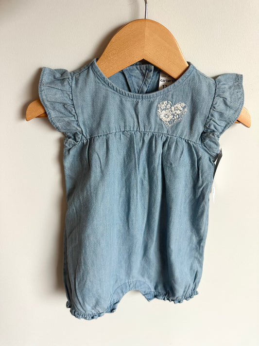 Chambray Heart Embroidered Romper (With Tag) / 12m