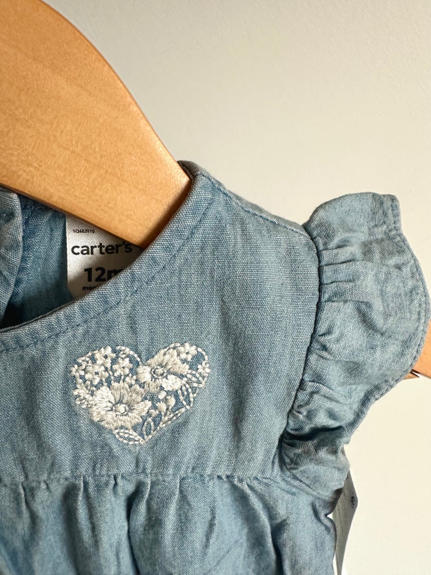 Chambray Heart Embroidered Romper (With Tag) / 12m